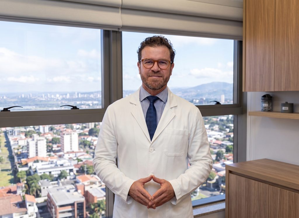 Dr. Paulo Junqueira, dermatologista, em seu consultório, usando jaleco branco e apresentando uma imagem profissional associada ao tratamento da flacidez e ao estímulo de colágeno.