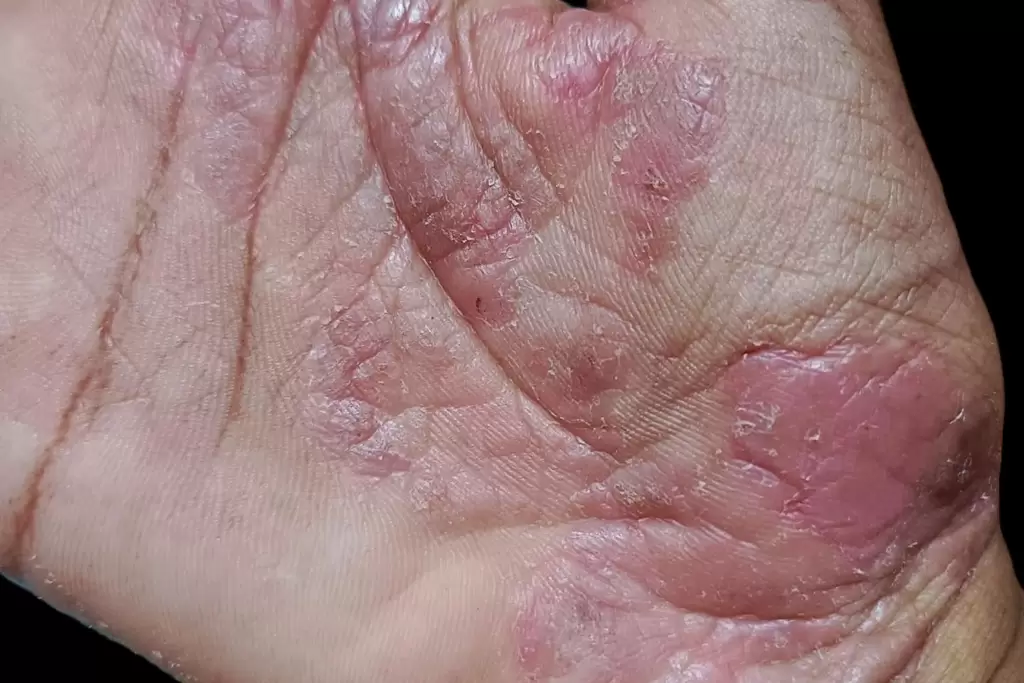 Palma da mão com placas avermelhadas, descamativas e espessadas, com áreas de fissuras e ressecamento intenso, características de psoríase palmar.